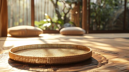 Minimalist Japanese log home scene in bright sunlight, close-up of empty rattan tray on log furniture