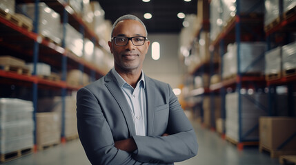 Obraz premium Business owner or manager in a large distribution center warehouse