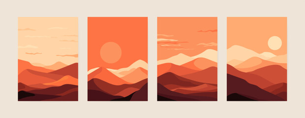 Abstract desert poster design. Minimalistic dune landscape background with sunrise and sunset in desert in oriental style. Vector illustration