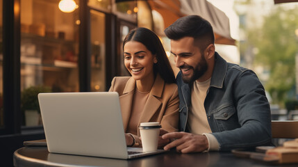 Couple who is shopping and paying with a credit card Online shopping on a laptop