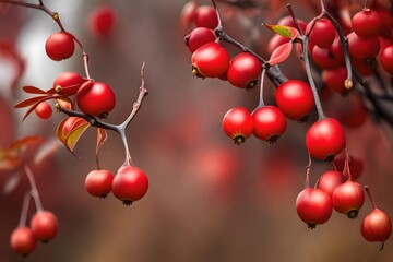 Cornus fruit .Dogwood berries are hanging on a branch of dogwood tree. Cornel, Cornelian Cherry...