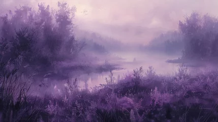 Fotobehang Envelop the scene in a subtle morning mist, blending pastel hues of lavender and light gray. © Exnoi