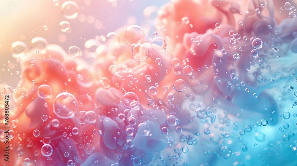 Poster split background featuring soft coral and aqua hues, with clusters of bubbles cascading from one sec