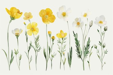 Delicate Meadow Blossoms Watercolor Clipart Set of Yellow and White Wildflowers, Hand-Painted Botanical Illustration