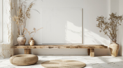 Fototapeta na wymiar Minimalist Interior Decor with Modern Cabinet and Hanging Pendant Light