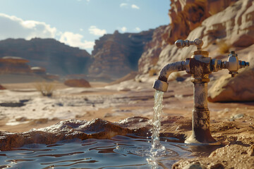 water tap with running water in the desert, world water day concept - obrazy, fototapety, plakaty