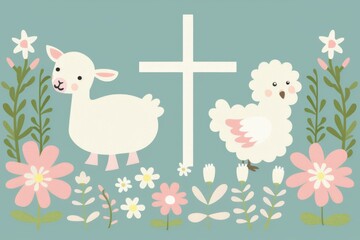 Whimsical Easter illustration featuring two funny adorable animals lamb, bird with a symbolic cross and a background of pastel spring flowers, representing joy and the spirit of the holiday.