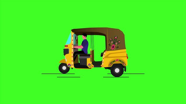 Green screen animation of an auto-rickshaw. a man driving tuk tuk