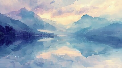 Ethereal Mountain Reflections: tranquil lakeside scene with distant mountains reflected in calm, pastel-colored waters. - obrazy, fototapety, plakaty
