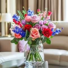vibrant bouquet of roses, tulips and snapdragon in soft pastel colors is arranged in an elegant glass vase on the table near the sofa