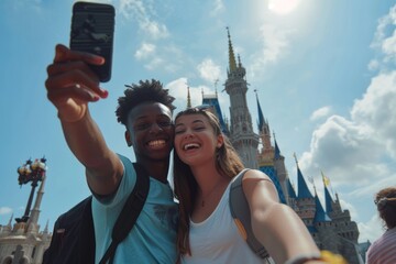 Happy young couple traveling, happy couple taking selfie against the background of a cultural tourist site