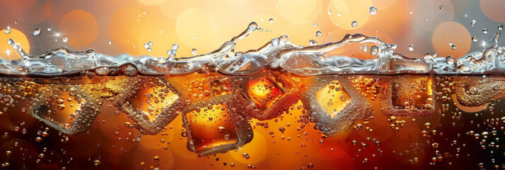 close up of a glass of champagne, fresh soda drink or cola with ice cubes, fresh tea with ice cube