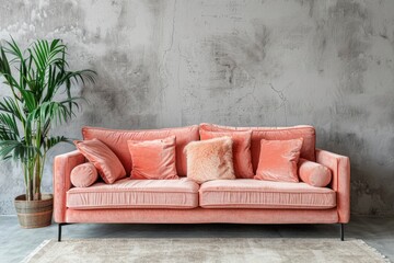 A serene living room with a soft peach sofa and varied cushions against a distressed concrete wall, complemented by a lush potted plant