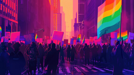 A diverse group of individuals marching down a city street, each proudly waving rainbow flags. The scene is filled with energy and unity