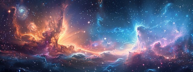 Explore the vastness of space with a split background resembling a dreamy pastel galaxy, filled with swirling nebulae and twinkling stars. - obrazy, fototapety, plakaty