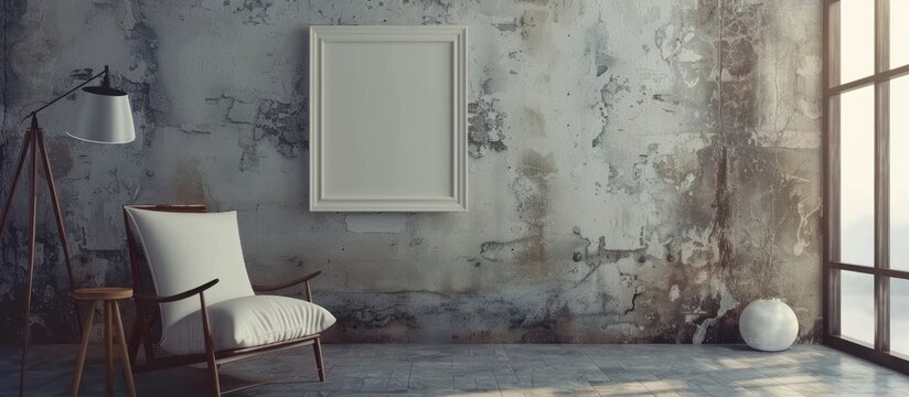 An empty living room featuring a single chair and a white picture frame hanging on the wall. The setting is minimalist with a focus on the essential pieces of furniture.