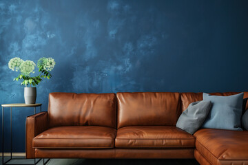 Modern interior design of living room with brown leather sofa and dark blue wall background