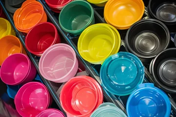 Fotobehang bulk bin of assorted cheap plastic pet bowls © studioworkstock