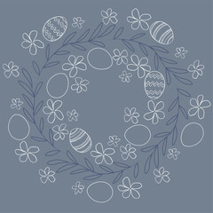Hand drawn Easter eggs with leaves and flowers lined up in a circle, fun hanging Easter decorations, great for banners, wallpaper, cards