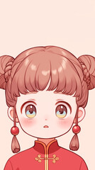 Obraz premium Hand drawn cartoon illustration of cute girl wearing red Tang suit 