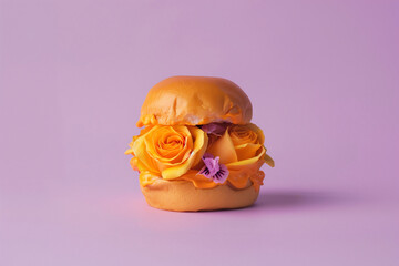 Burger bun with beautiful rose flowers on purple background. Minimal spring concept. Copy space.
