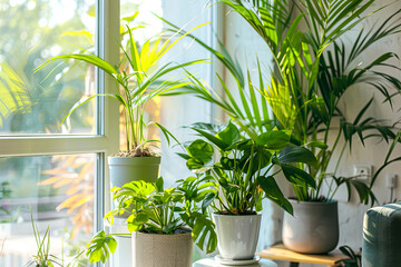 Lush houseplants basking in the warm sunlight by the window