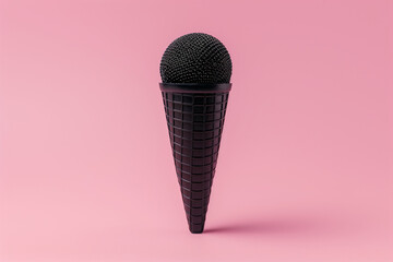 Abstract black microphone in an ice cream cone on pink background. Creative microphone and food concept.