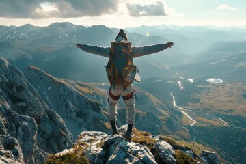 Tourist athlete rejoices climbing a mountain , success and goal achievement concept, man raised his hands up in delight - obrazy, fototapety, plakaty