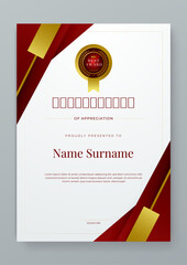 Red gold and white certificate modern elegant and luxury template with shapes. For appreciation, achievement, awards diploma, corporate, and education