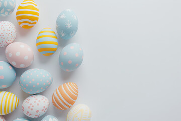 Fototapeta premium Artfully arranged Easter eggs on a dual-tone pastel background