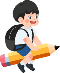 cute little boy student flying on Pencil