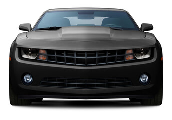 Powerful American muscle car in full black color front view. Isolated on a transparent background.