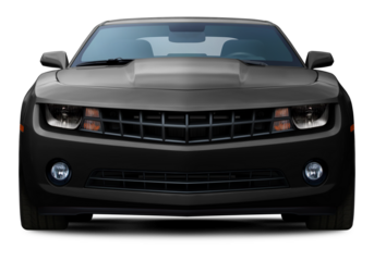 Powerful American muscle car in full black color front view. Isolated on a transparent background.