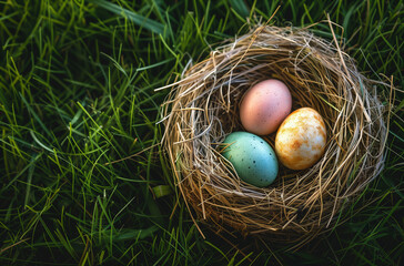 Naklejka na ściany i meble Colorful Easter eggs in a bird nest on green grass