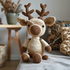 handmade crochet teddy bear, deer, gift and decoration for children - obrazy, fototapety, plakaty