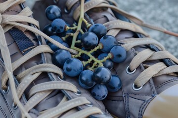 hightop gym shoes with a cluster of grapes hanging over the laces
