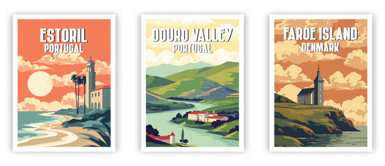 Estoril, Douro Valley, Faroe Island Illustration Art. Travel Poster Wall Art. Minimalist Vector art © Duy