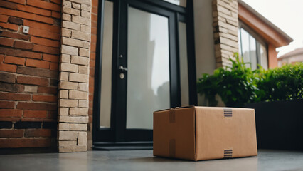 Delivered package placed in front of the entrance of a house or commercial building, business concept of deliveries, shipping, concept of a future of immediate fast deliveries - obrazy, fototapety, plakaty