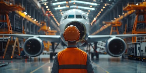 Aircraft maintenance worker follows safety protocols at an MRO facility ensuring precision and adherence to industry standards. Concept Aircraft Maintenance, Safety Protocols, MRO Facility - obrazy, fototapety, plakaty