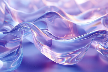 closeup of glass waves, liquid metal, flowing in an organic shape against a light purple and blue gradient background