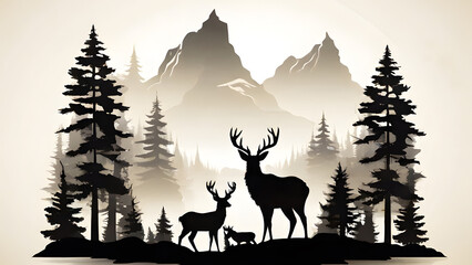 Horizontal banner. Silhouette of deer, doe, fawn standing on meadow in forrest. Silhouette of animal, trees, grass. Magical misty landscape, fog. generative ai