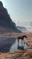 Horse and fly at a Martian waterhole midday - obrazy, fototapety, plakaty