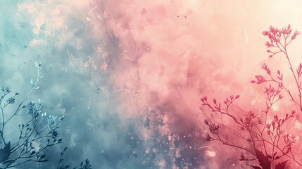 Obraz premium pastel gradient background with layering textures, overlaying a subtle floral pattern on a smooth transition from baby blue to pale pink.