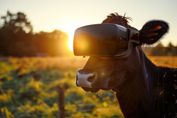 Fototapeta premium black cow wearing VR headset