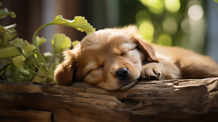 Stunning puppy sleeping on a wooden table in the garden
