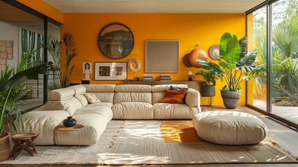 Modern Living Room with Bright Orange Walls and Lush Greenery