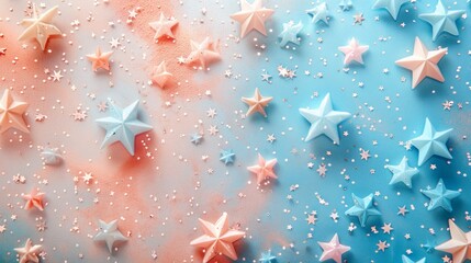 split background using pastel hues of coral and powder blue, punctuated by scattered star-shaped light elements. - obrazy, fototapety, plakaty