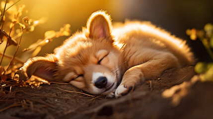 Cute puppy sleeping soundly under a bush - obrazy, fototapety, plakaty