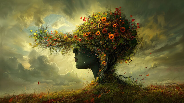 Painting of a womans head with a tree emerging from it, symbolizing nature and growth