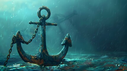 Obraz premium Weathered Anchor Offers Stability and Hope Amidst Turbulent Tides in Crisp,Cinematic Underwater Realm